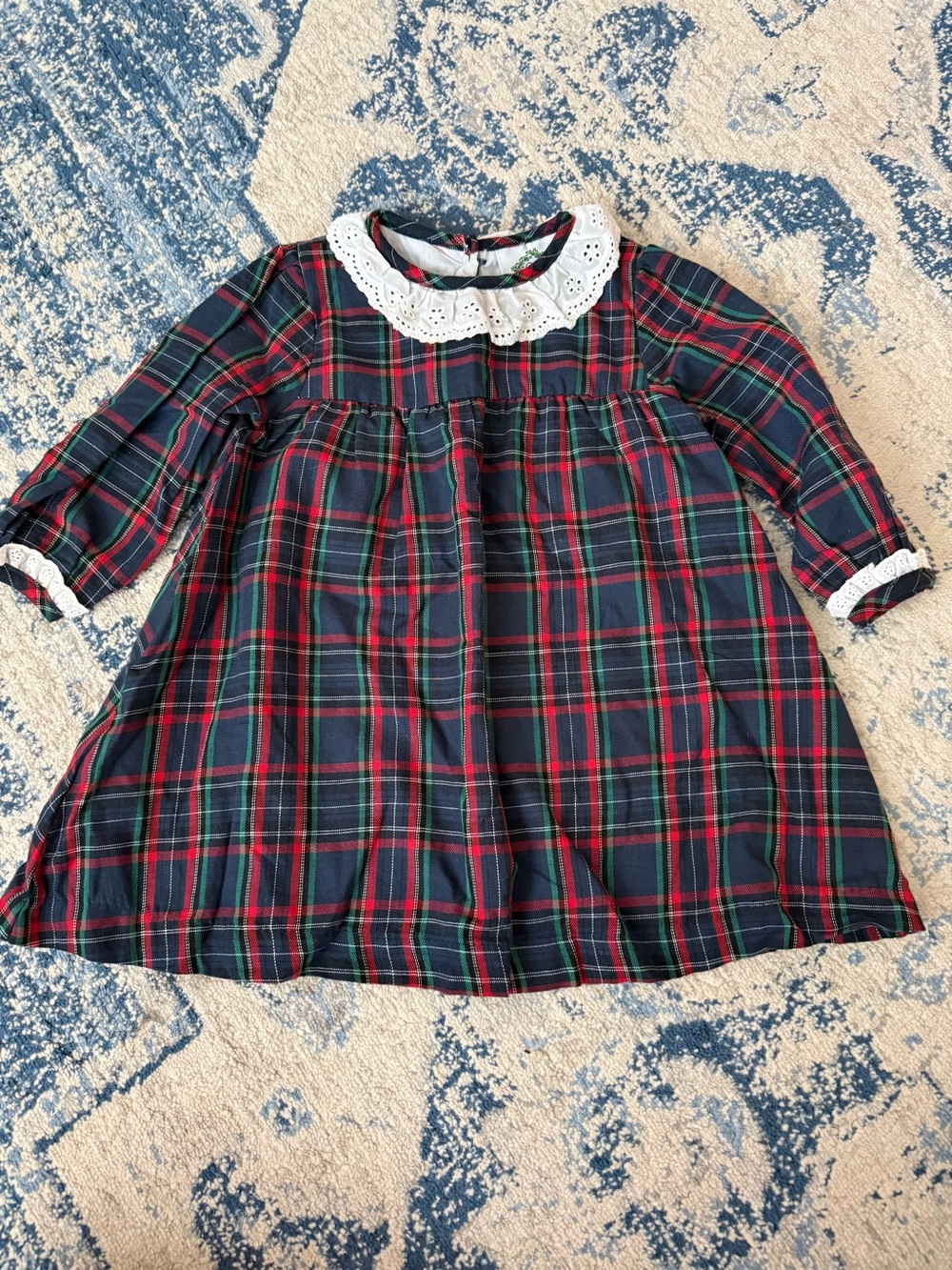 Plaid Long-Sleeve Kids Dress with Lace Collar - Red & Green